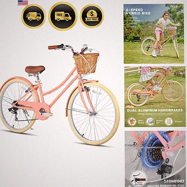 20 24 26 Inch Beach Cruiser Bike, 6-Speed Hybrid City Bicycle for Girls Youth...