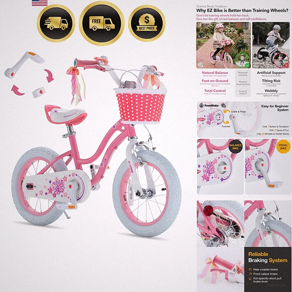 Girls Bike, Stargirl EZ Kids Bike Balance and Pedal Bicycle with Basket and D...
