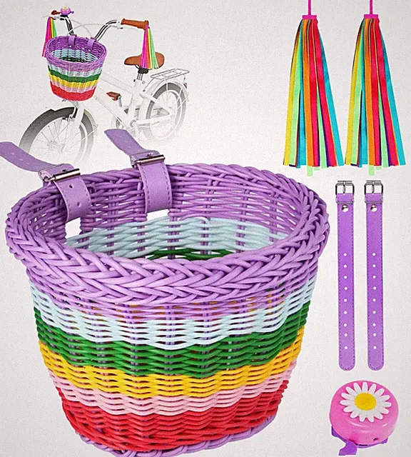 Kids Bike Basket Set with Bell & Tassels, Bicycle Decorations for Boys & Girls