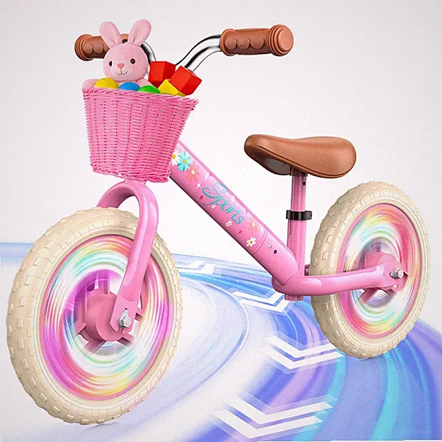 Pink Toddler Balance Bike, Basket, LED Tire, Adjustable for 2-5 Yr Olds, Gift
