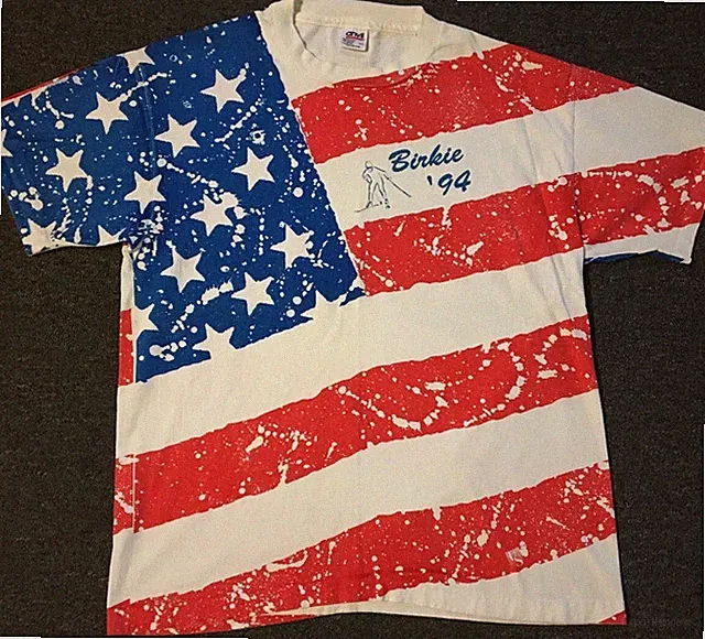 Vtg 90s American Birkebeiner Cross Country Ski Race Flag All Over Print Shirt XL